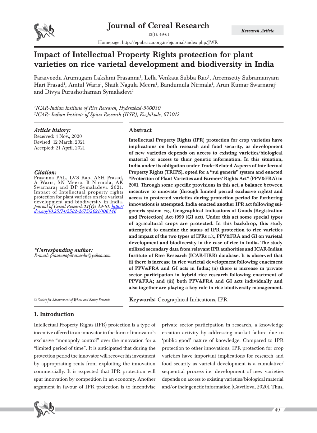 Journal of Cereal Research Impact of Intellectual Property Rights