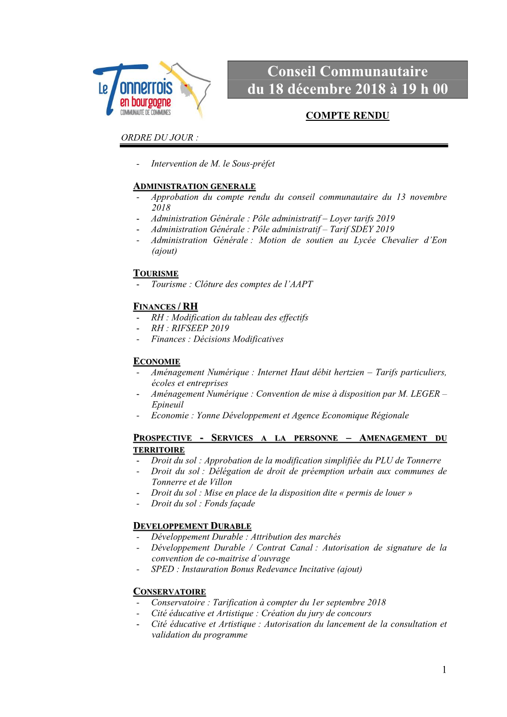 Conseil Communautaire Du 18 Décembre 2018 À 19 H 00