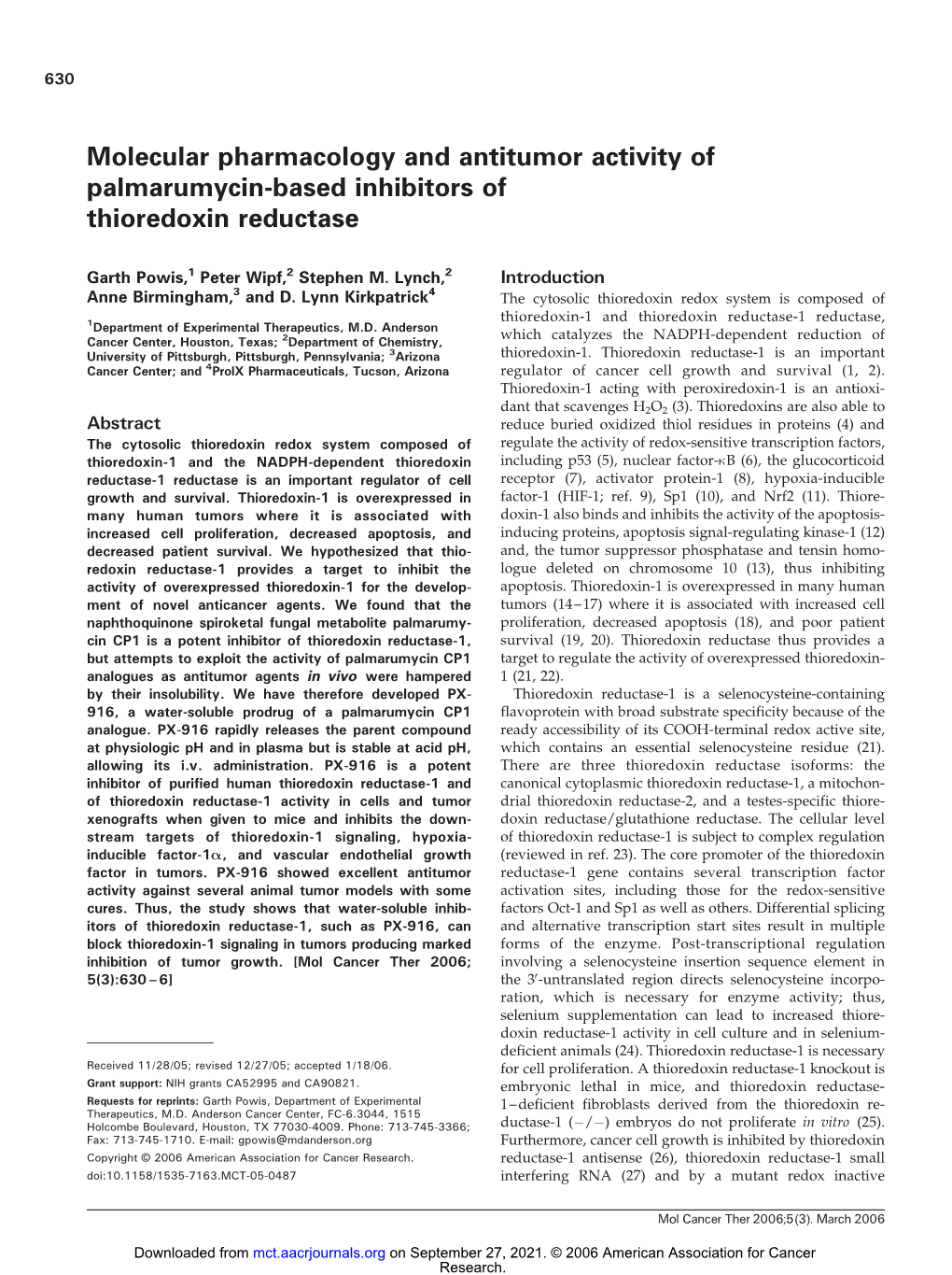 Molecular Pharmacology and Antitumor Activity of Palmarumycin-Based Inhibitors of Thioredoxin Reductase