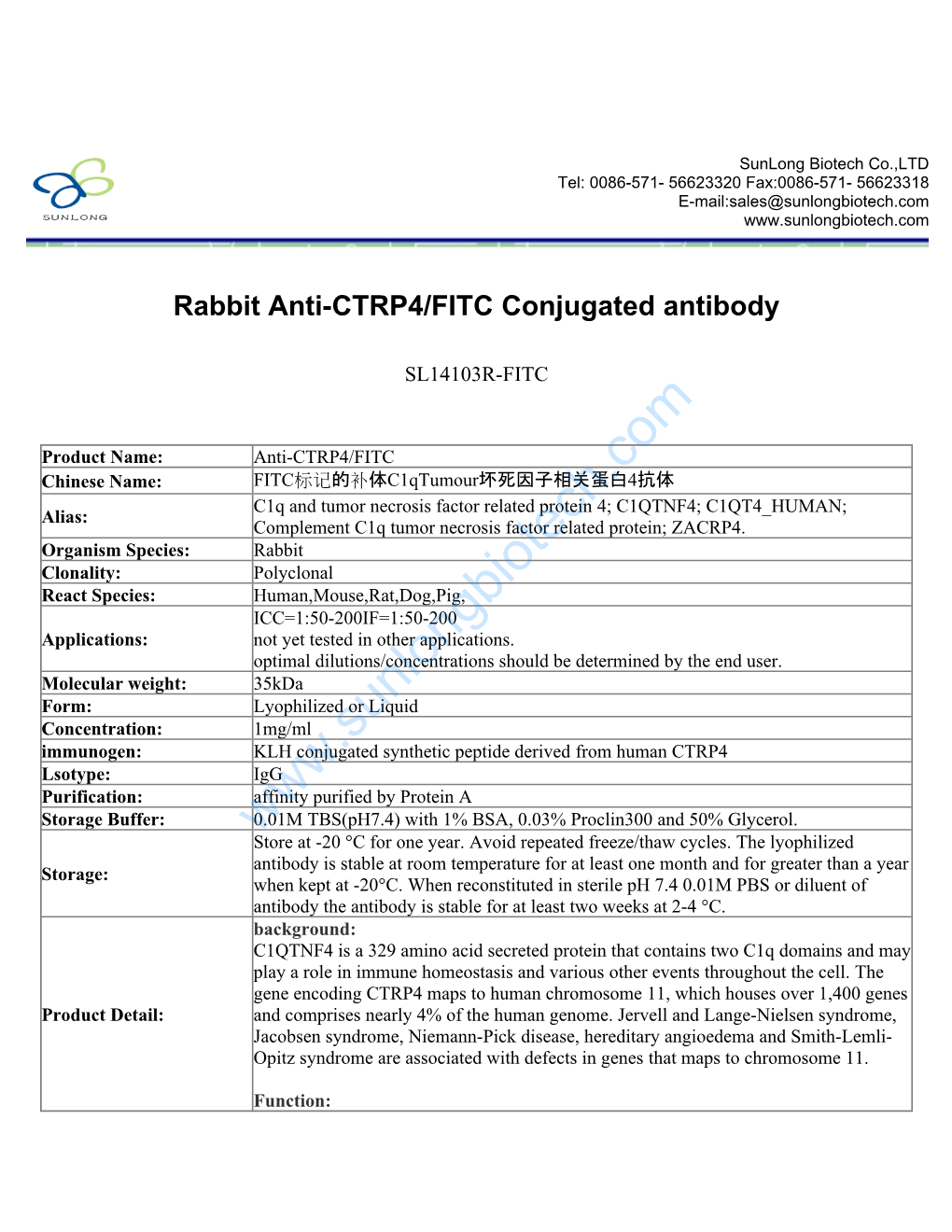 Rabbit Anti-CTRP4/FITC Conjugated Antibody-SL14103R-FITC