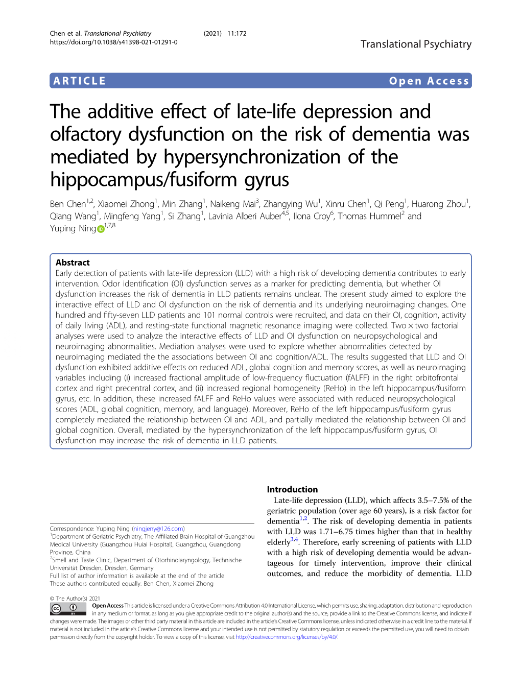 The Additive Effect of Late-Life Depression and Olfactory
