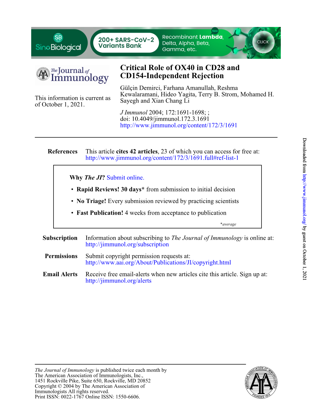 CD154-Independent Rejection Critical Role of OX40 in CD28