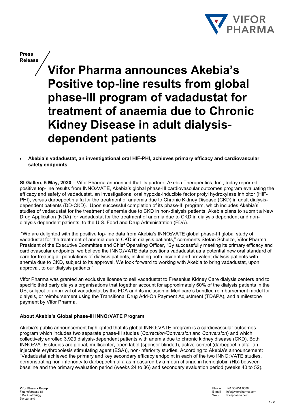 Vifor Pharma Announces Akebia's Positive Top-Line Results from Global