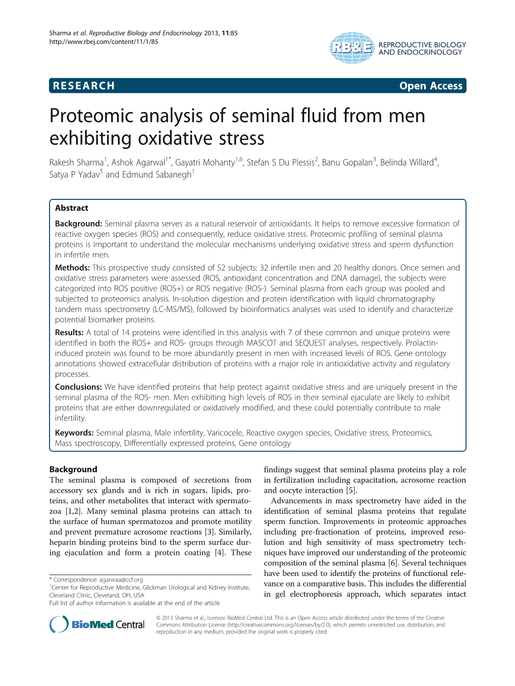 Proteomic Analysis of Seminal Fluid from Men Exhibiting Oxidative Stress