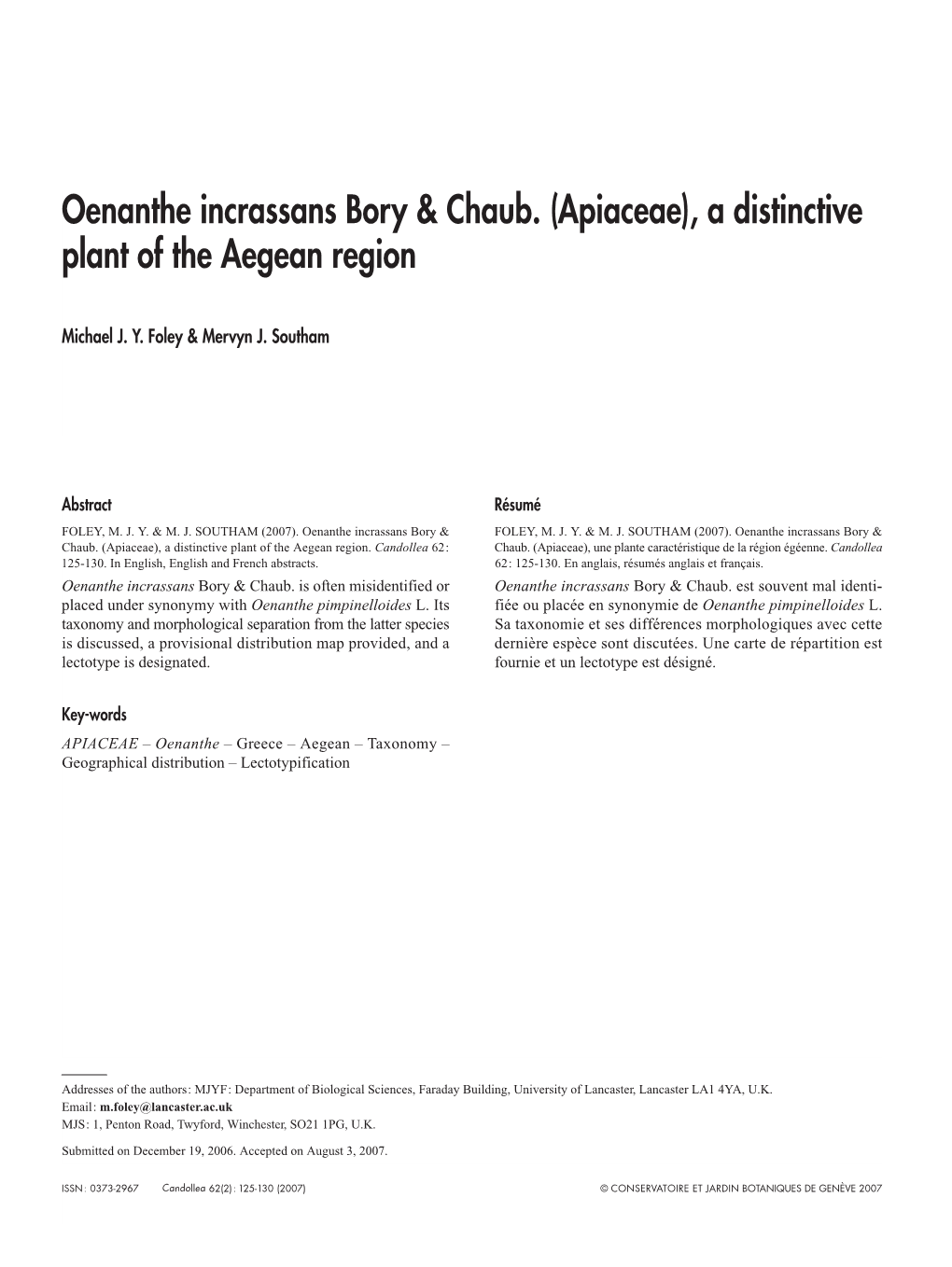 Oenanthe Incrassans Bory & Chaub. (Apiaceae)