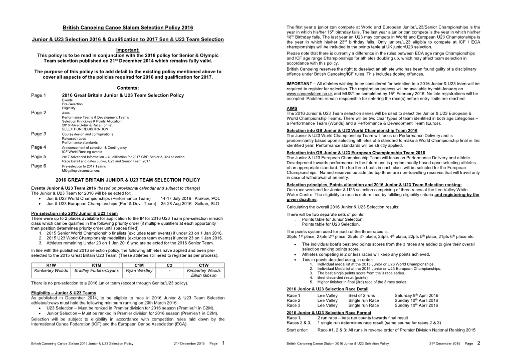 1 British Canoeing Canoe Slalom Selection Policy 2016 Junior & U23