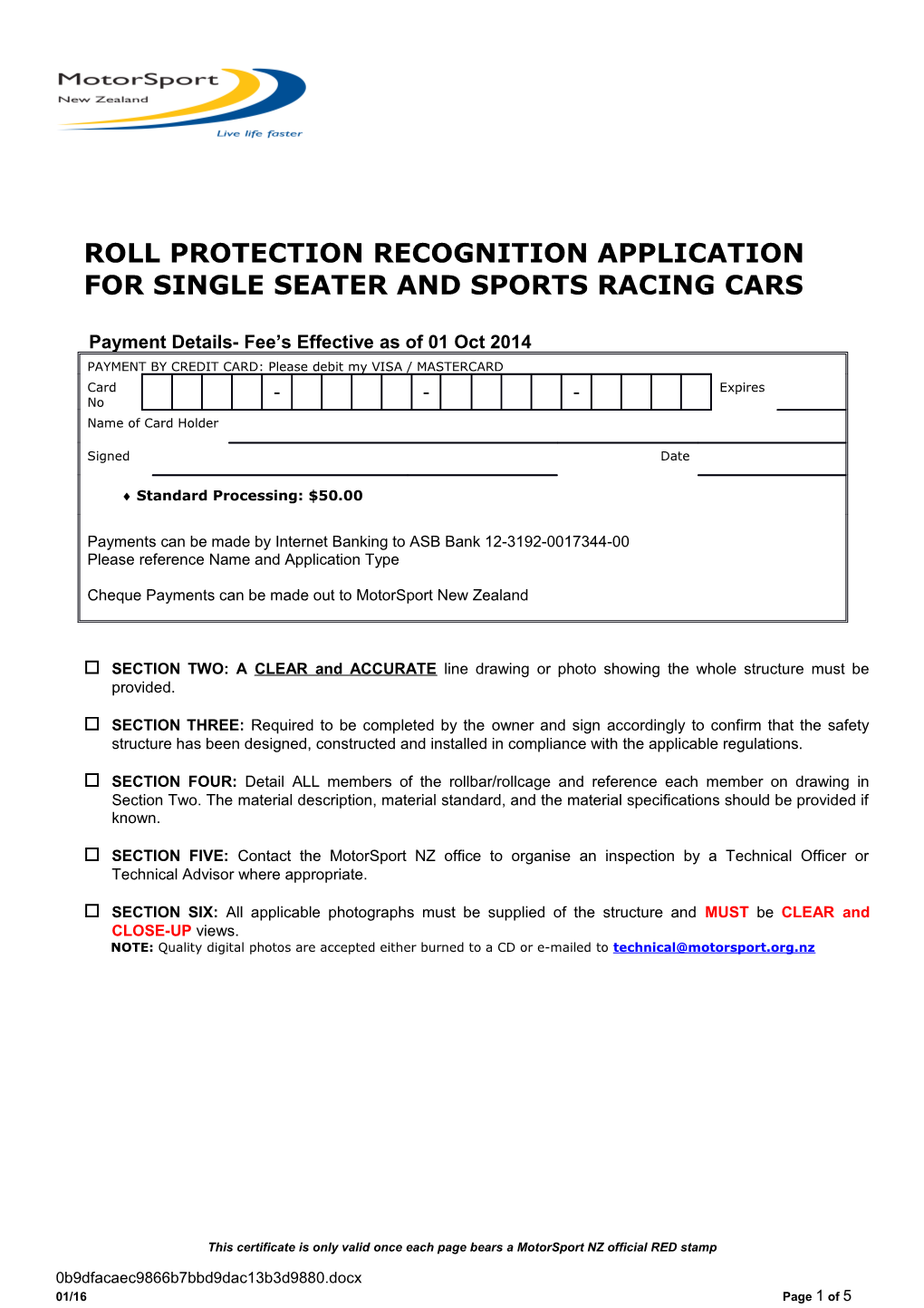 Roll Protection Homologation Application Form