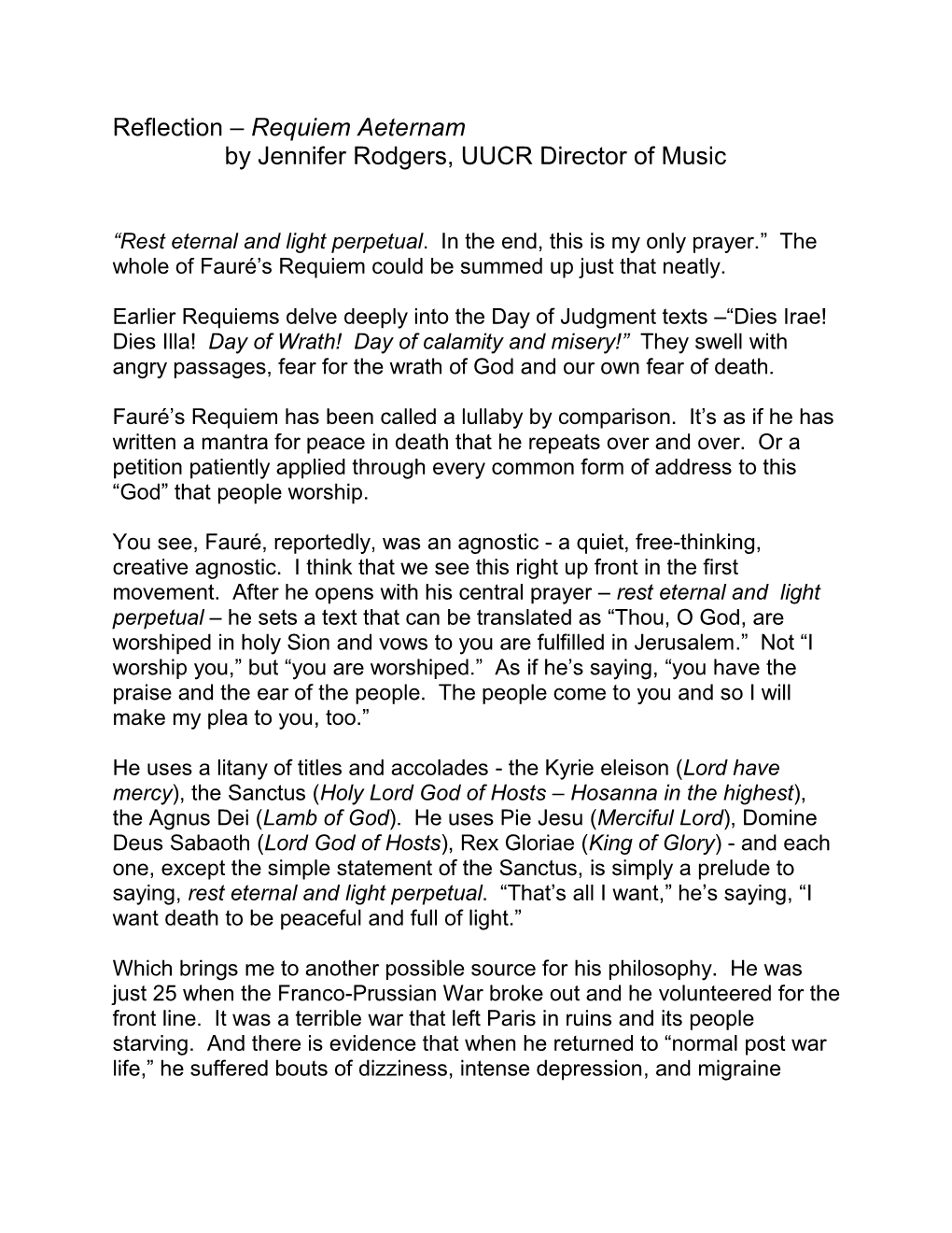 Reflection – Requiem Aeternam by Jennifer Rodgers, UUCR Director of Music