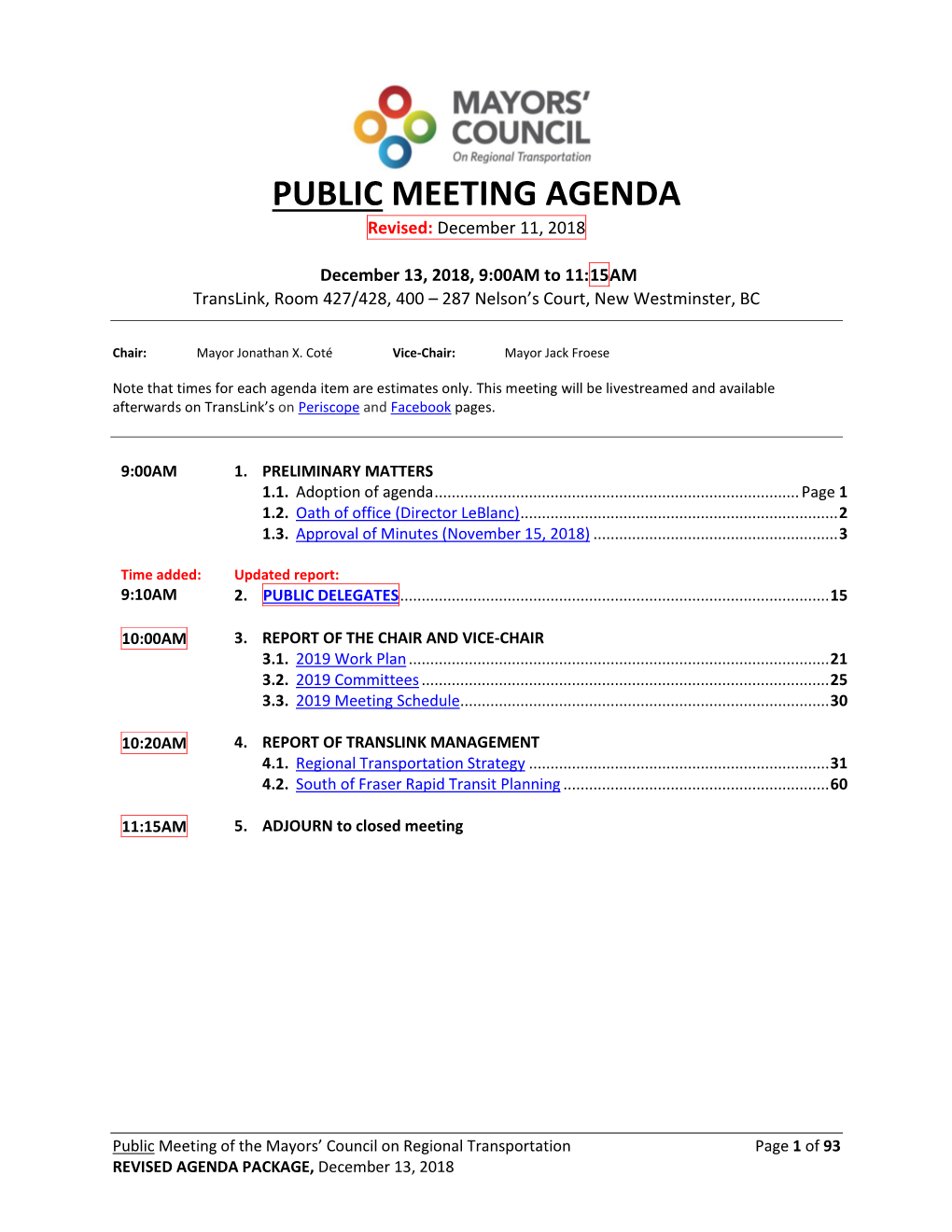 PUBLIC MEETING AGENDA Revised: December 11, 2018