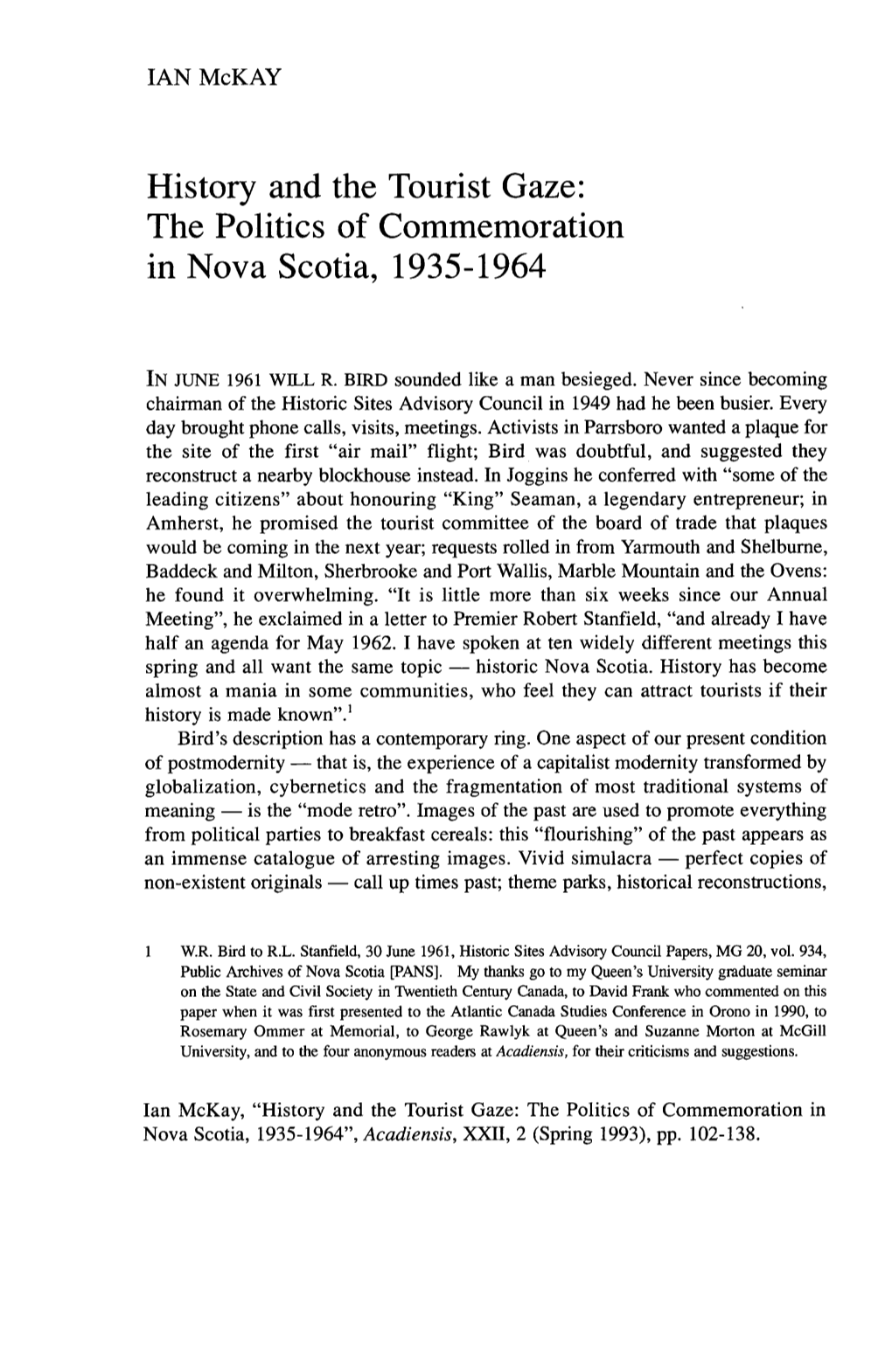 History and the Tourist Gaze: the Politics of Commemoration in Nova Scotia, 1935-1964