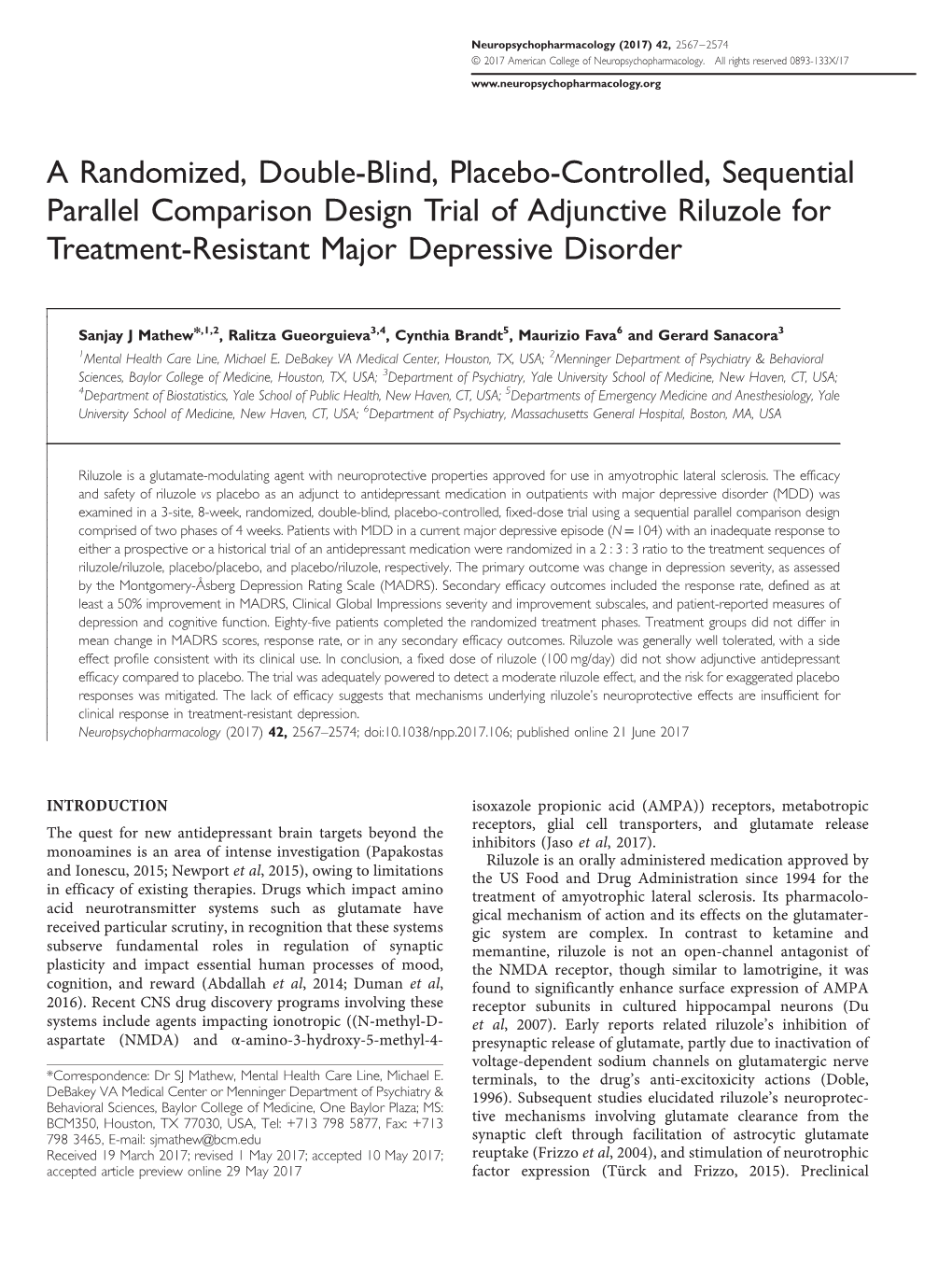A Randomized, Double-Blind, Placebo-Controlled, Sequential Parallel Comparison Design Trial of Adjunctive Riluzole for Treatment-Resistant Major Depressive Disorder