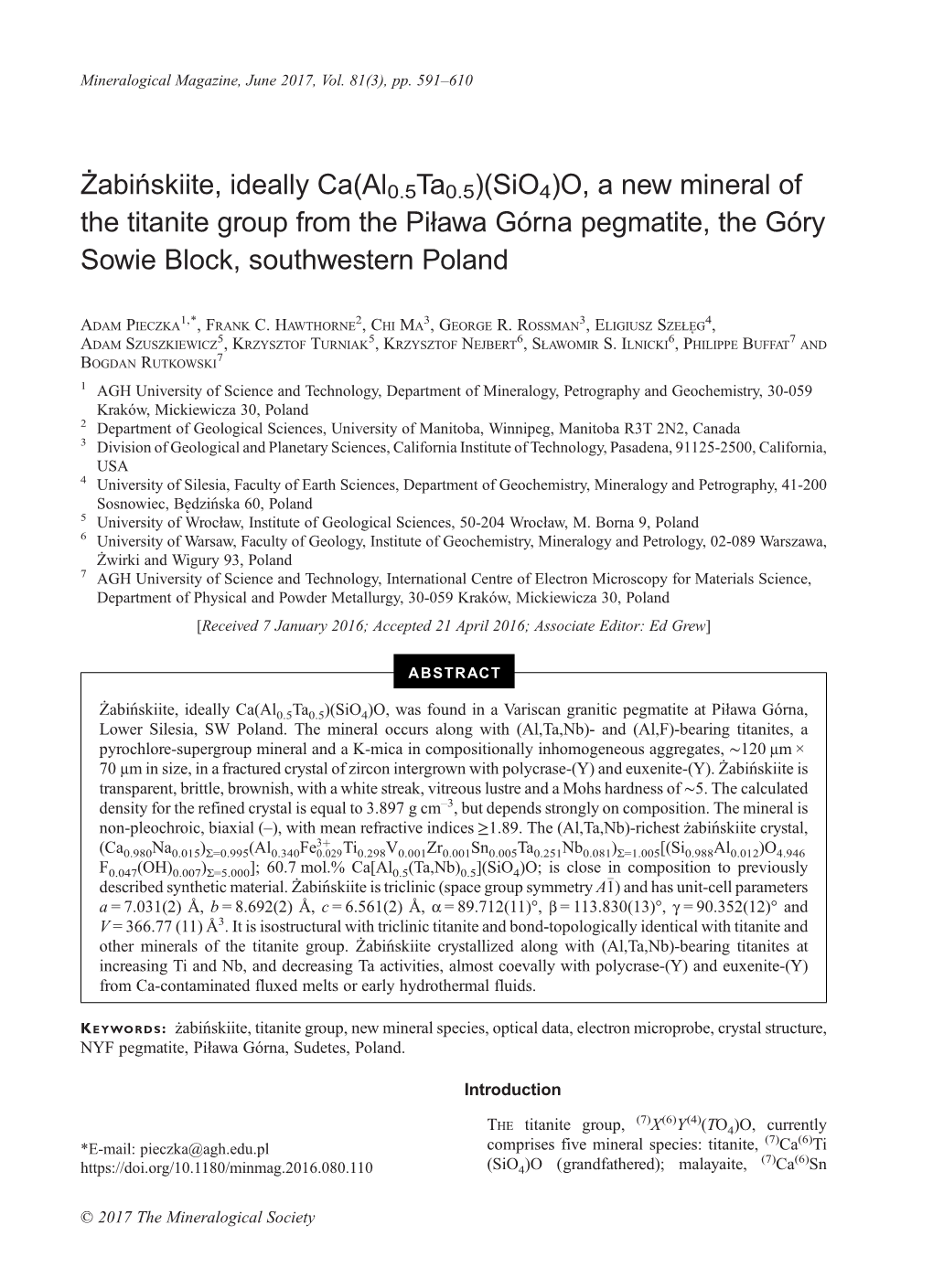 O, a New Mineral of the Titanite Group from the Piława Górna Pegmatite, the Góry Sowie Block, Southwestern Poland