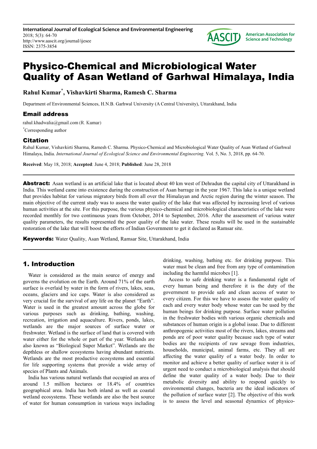 Physico-Chemical and Microbiological Water Quality of Asan Wetland of Garhwal Himalaya, India