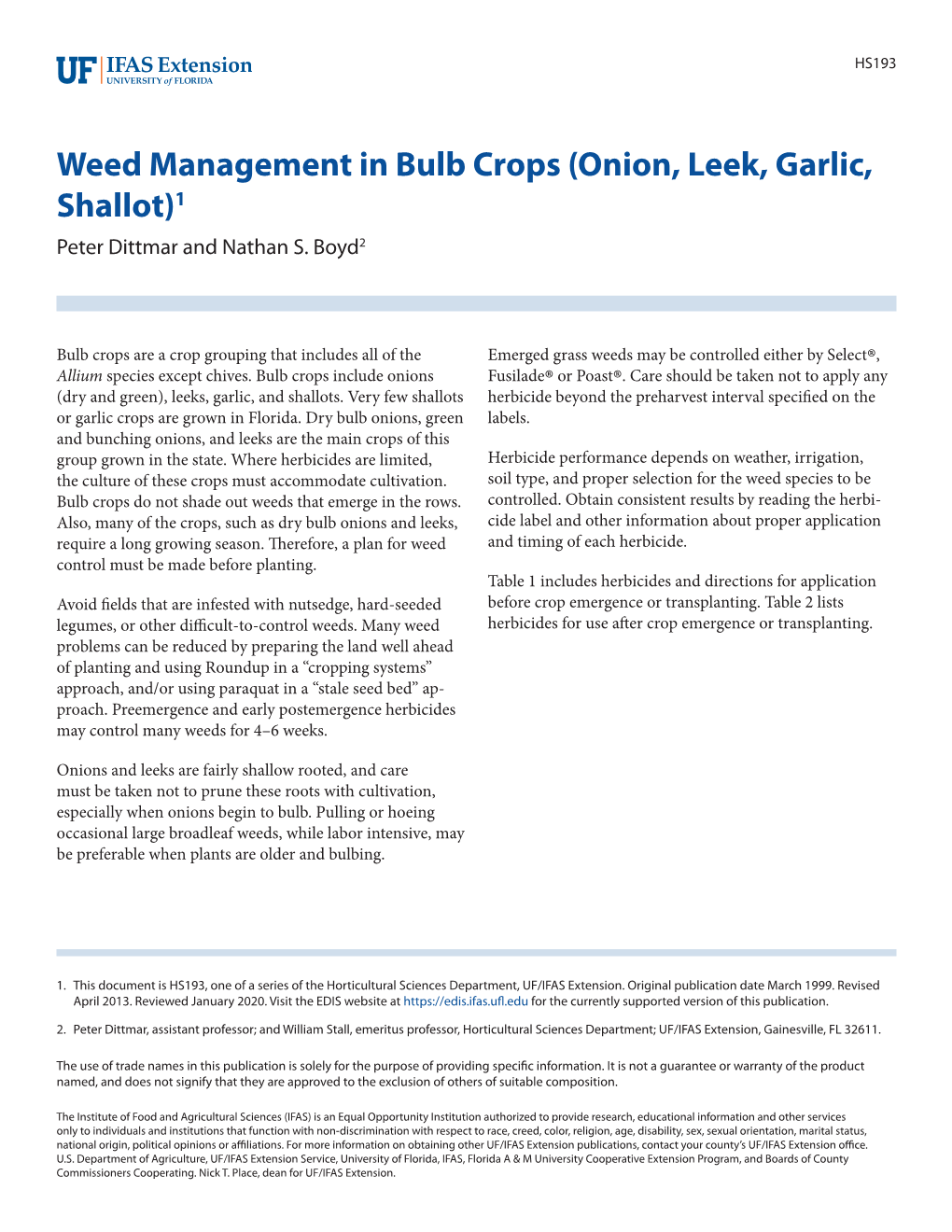 Weed Management in Bulb Crops (Onion, Leek, Garlic, Shallot)1 Peter Dittmar and Nathan S