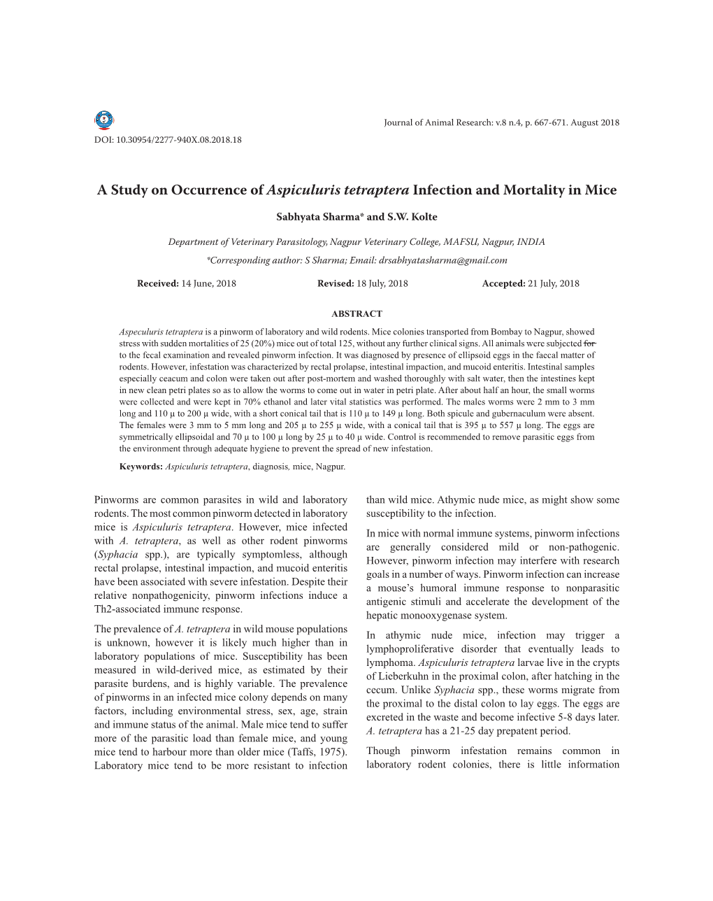 A Study on Occurrence of Aspiculuris Tetraptera Infection and Mortality in Mice