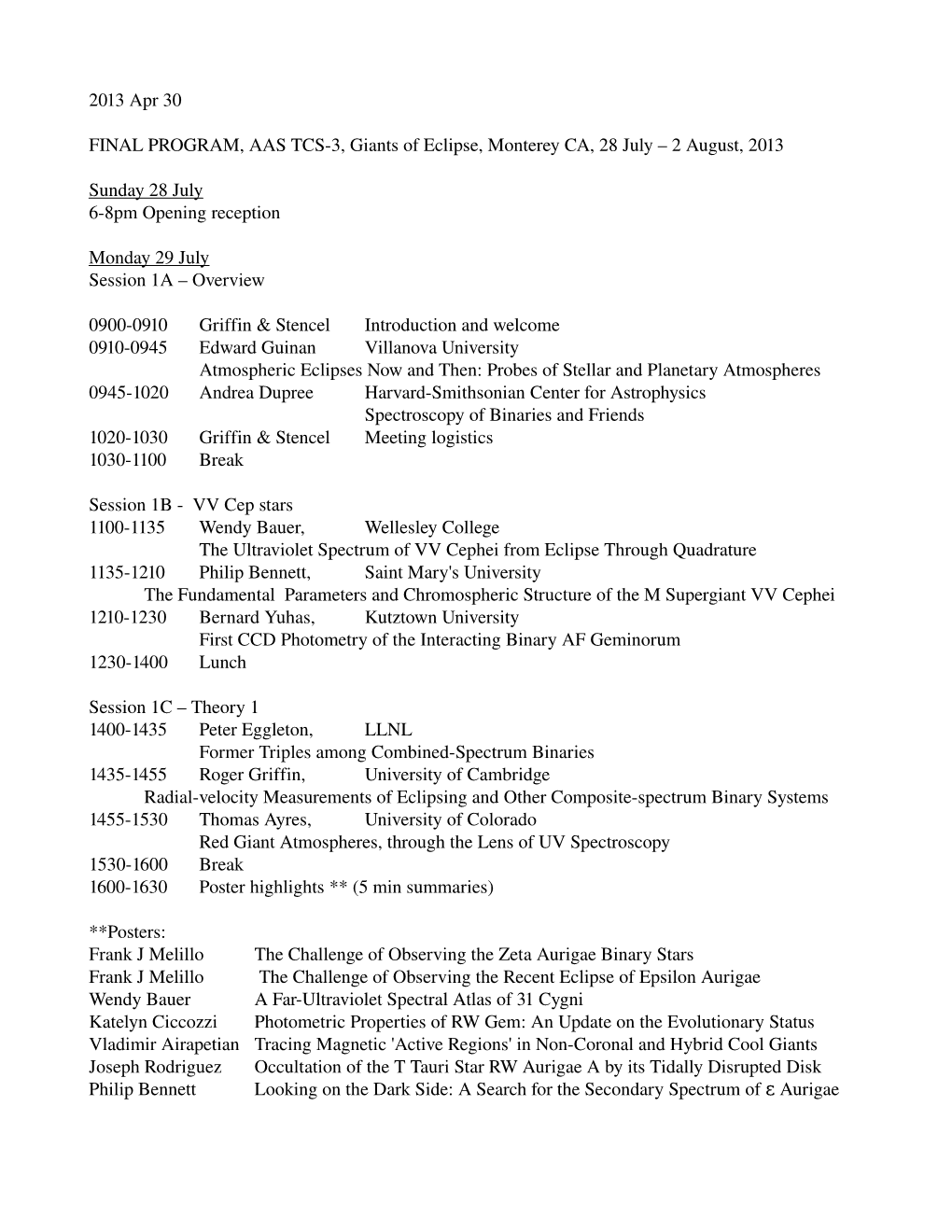 2013 Apr 30 FINAL PROGRAM, AAS TCS3, Giants of Eclipse, Monterey