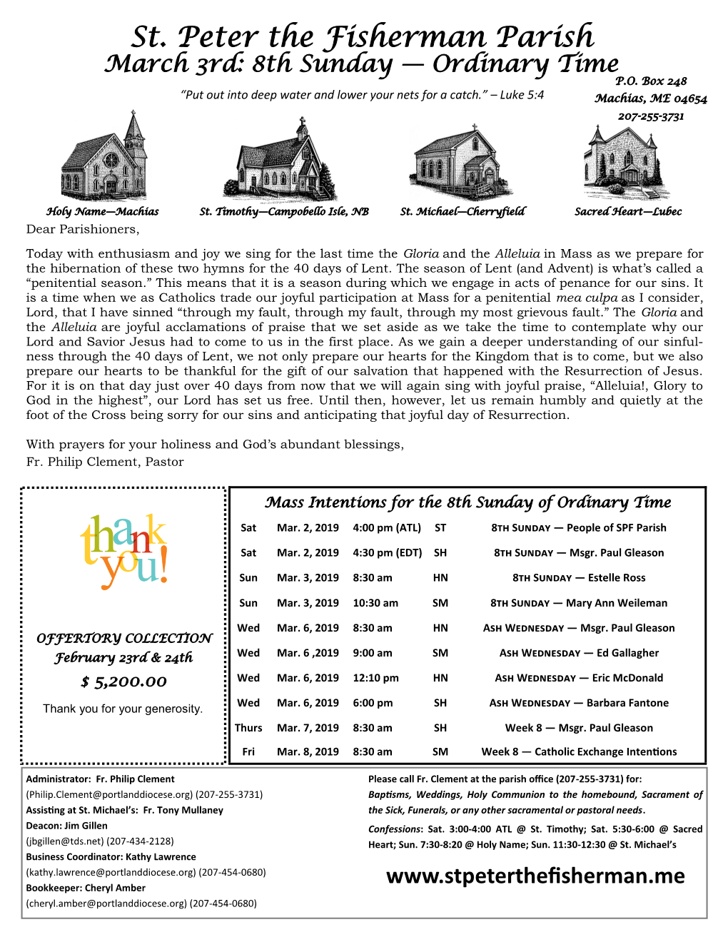 St. Peter the Fisherman Parish March 3Rd: 8Th Sunday — Ordinary Time P.O