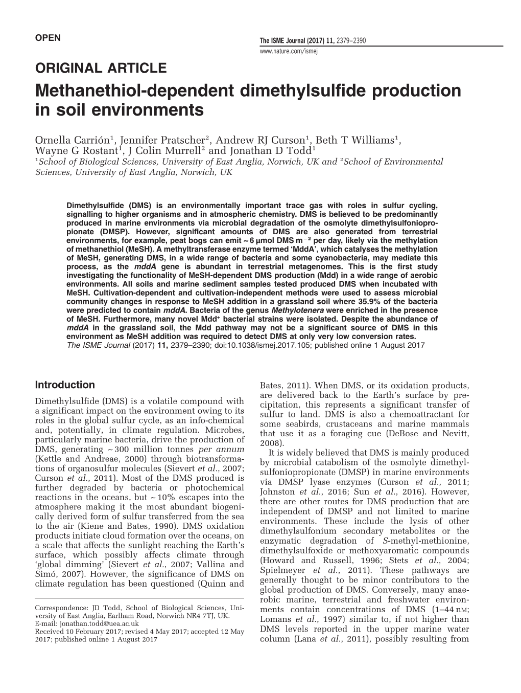 Methanethiol-Dependent Dimethylsulfide Production in Soil Environments