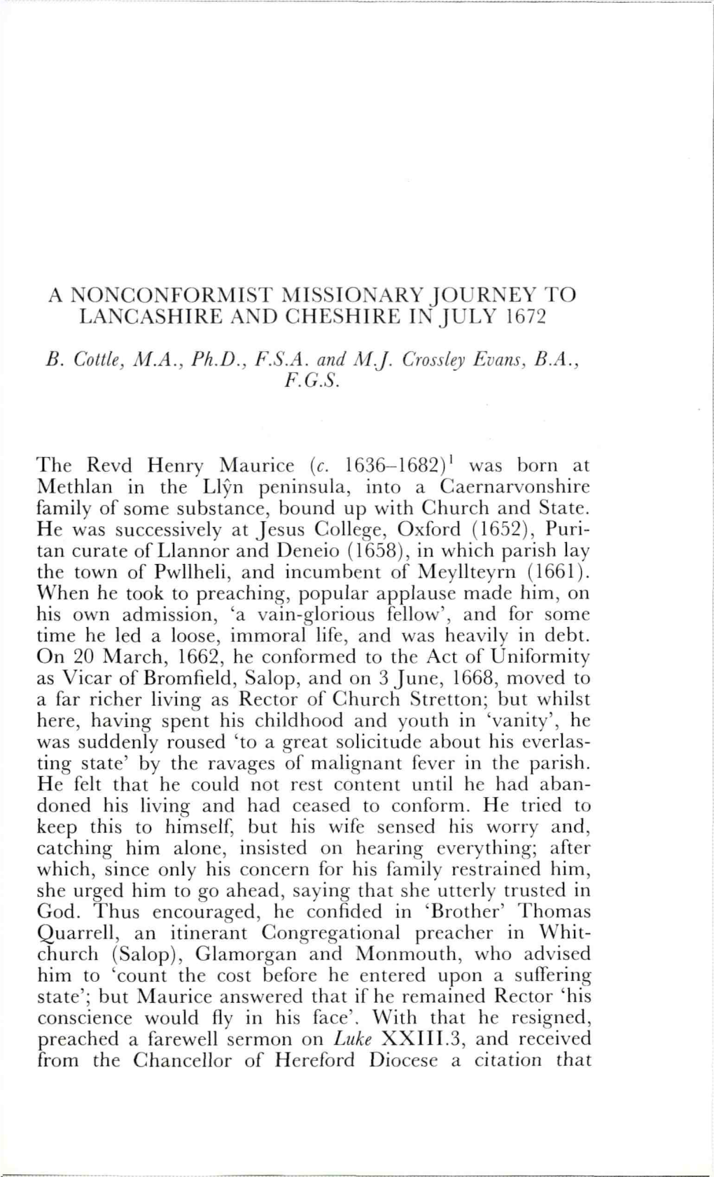 A Nonconformist Missionary Journey to Lancashire and Cheshire in July 1672 B