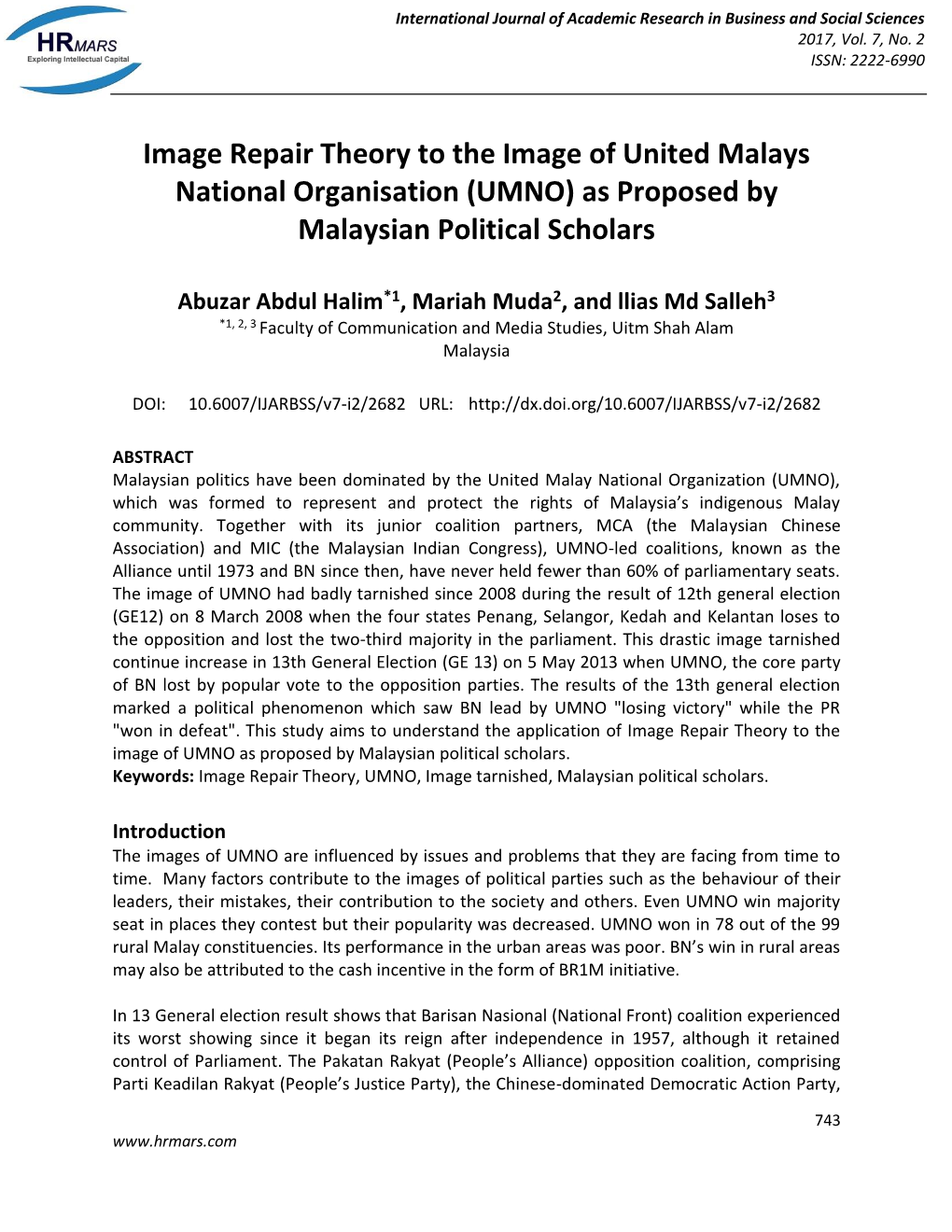 Image Repair Theory to the Image of United Malays National Organisation (UMNO) As Proposed by Malaysian Political Scholars