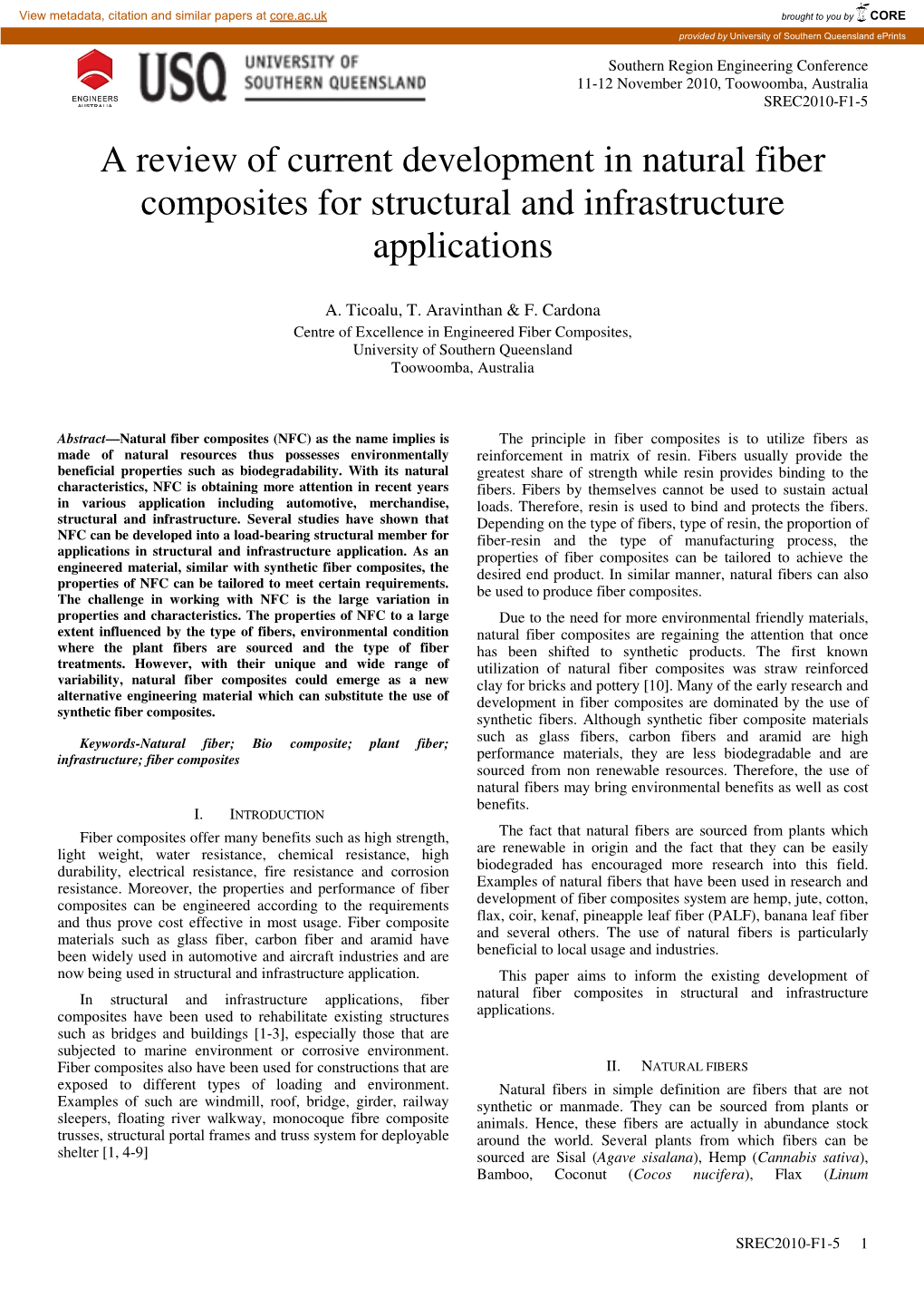 A Review of Current Development in Natural Fiber Composites for Structural and Infrastructure Applications