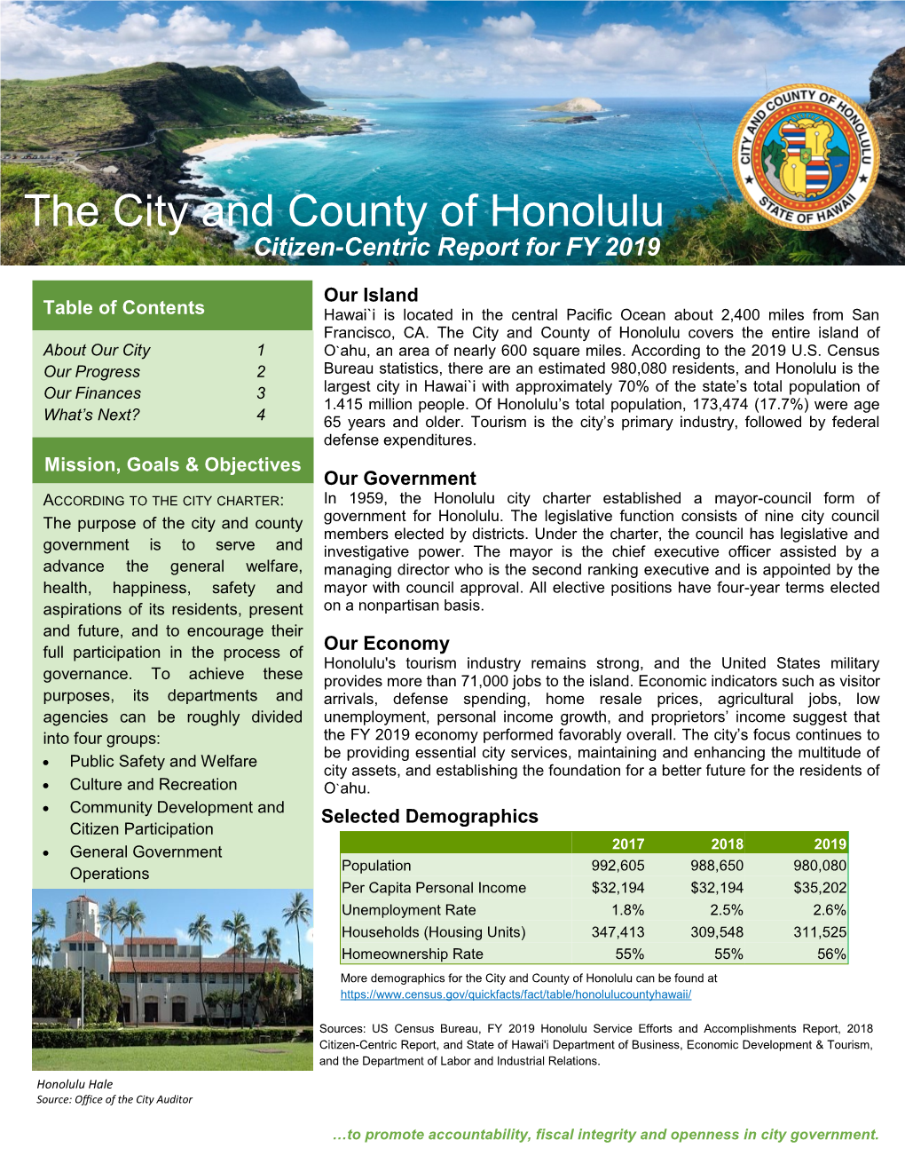 The City and County of Honolulu Citizen-Centric Report for FY 2019