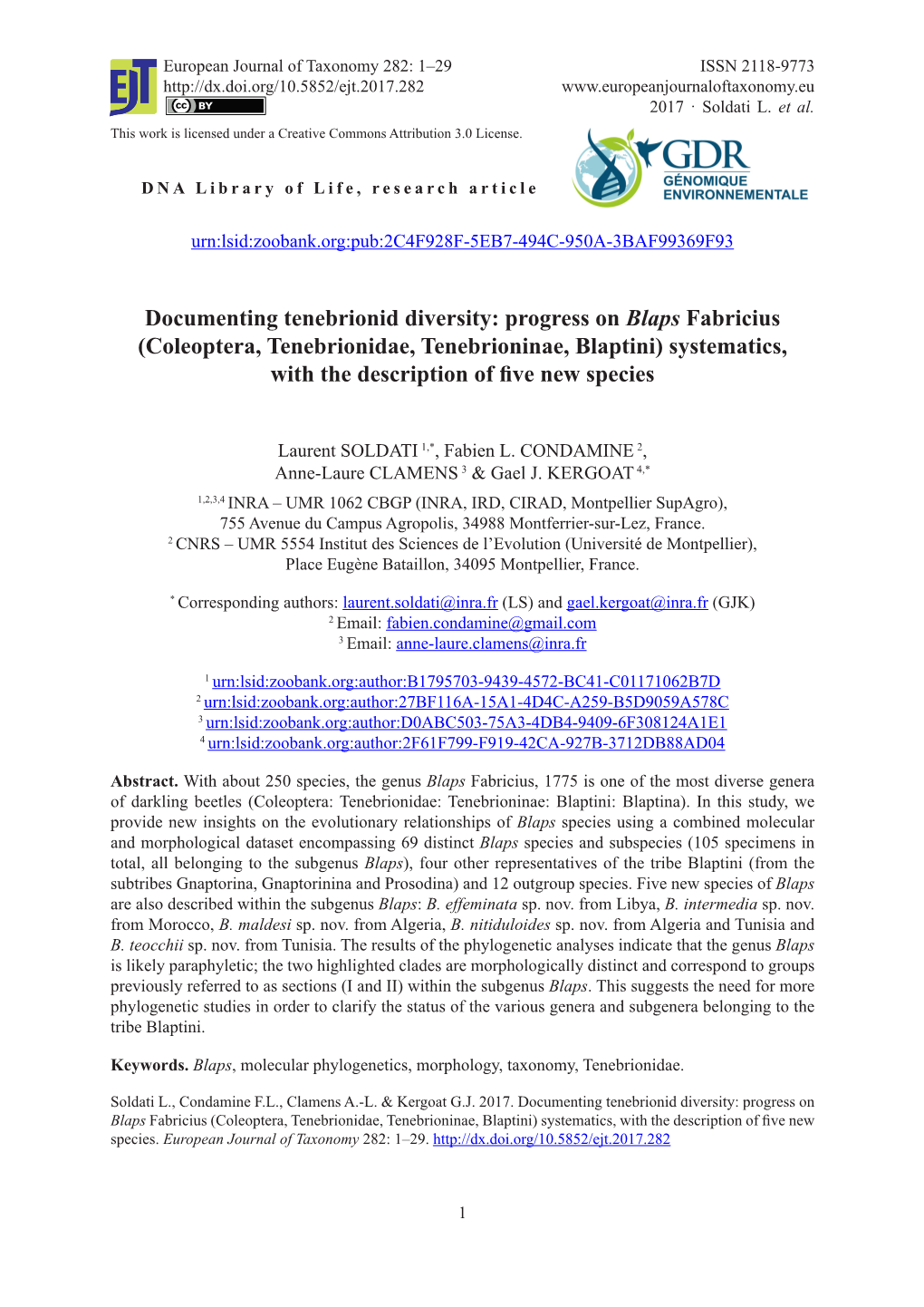 Progress on Blaps Fabricius (Coleoptera, Tenebrionidae, Tenebrioninae, Blaptini) Systematics, with the Description of Five New Species