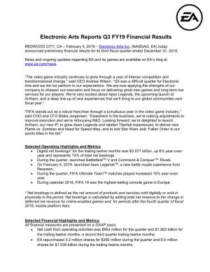 Electronic Arts Reports Q3 FY19 Financial Results