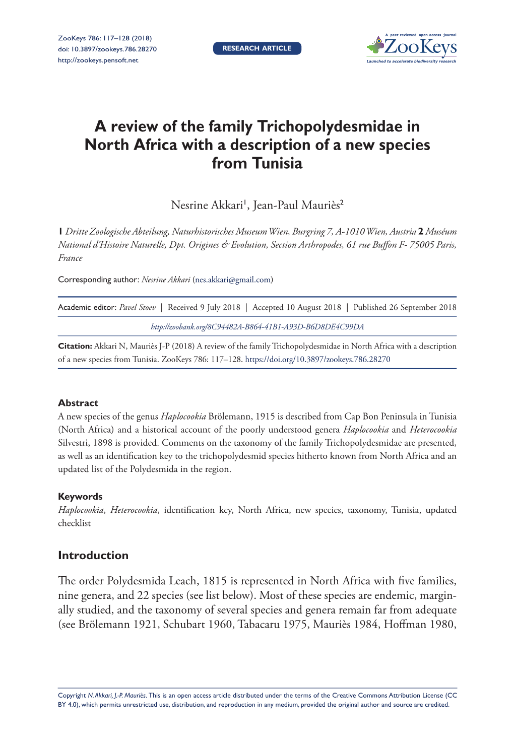 A Review of the Family Trichopolydesmidae in North Africa