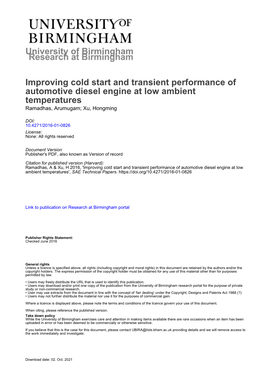 University of Birmingham Improving Cold Start and Transient Performance