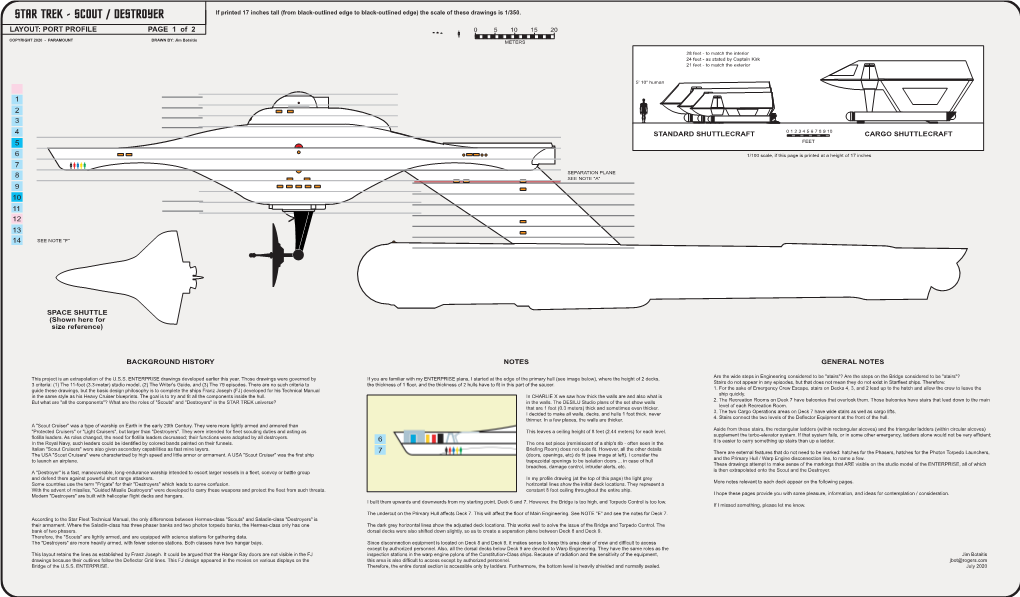 STAR TREK - SCOUT / DESTROYER If Printed 17 Inches Tall (From Black-Outlined Edge to Black-Outlined Edge) the Scale of These Drawings Is 1/350