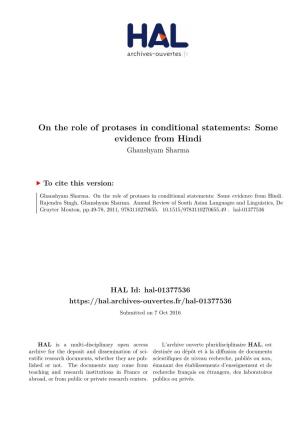 On the Role of Protases in Conditional Statements: Some Evidence from Hindi Ghanshyam Sharma