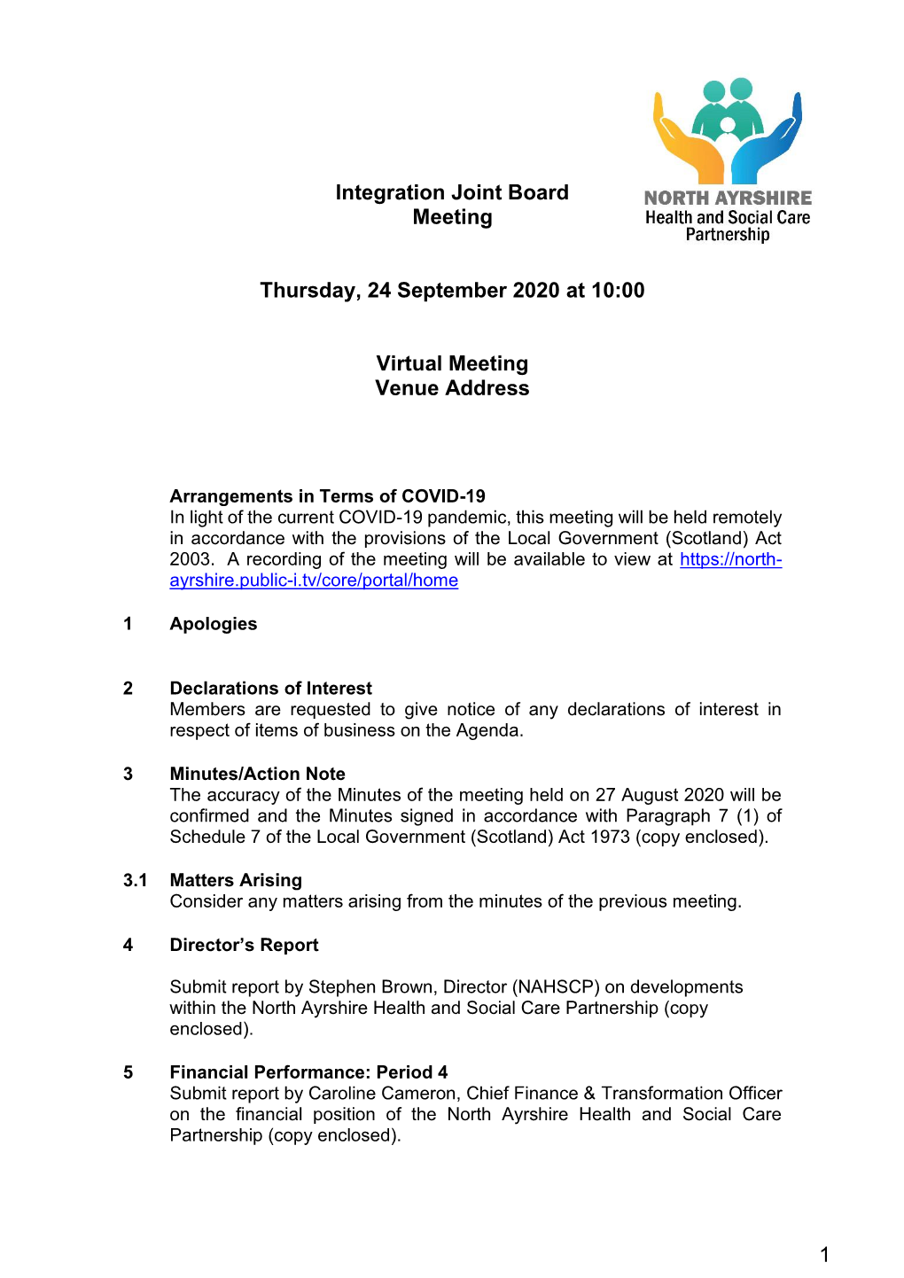 Integration Joint Board Meeting Thursday, 24 September 2020 at 10