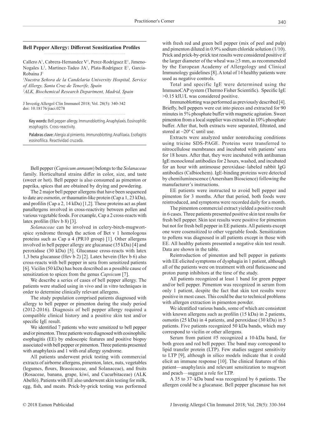 Bell Pepper Allergy: Different Sensitization Profiles and Pimenton Diluted in 0.9% Sodium Chloride Solution (1/10)