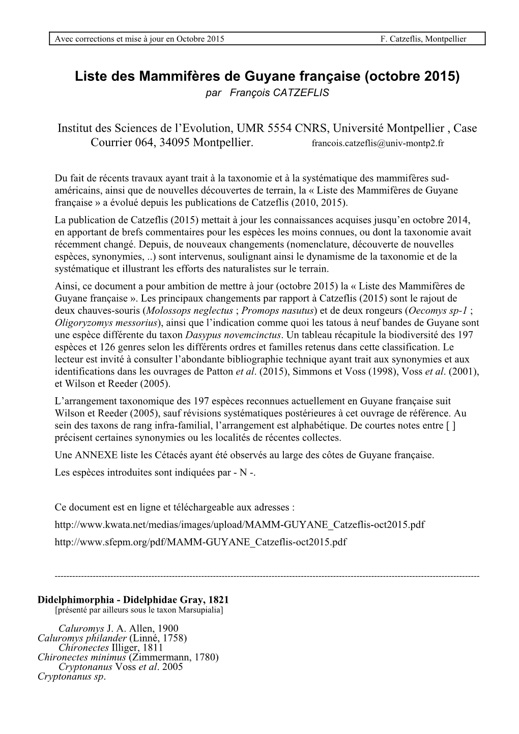 Liste Des Mammifères De Guyane Française (Octobre 2015) Par François CATZEFLIS