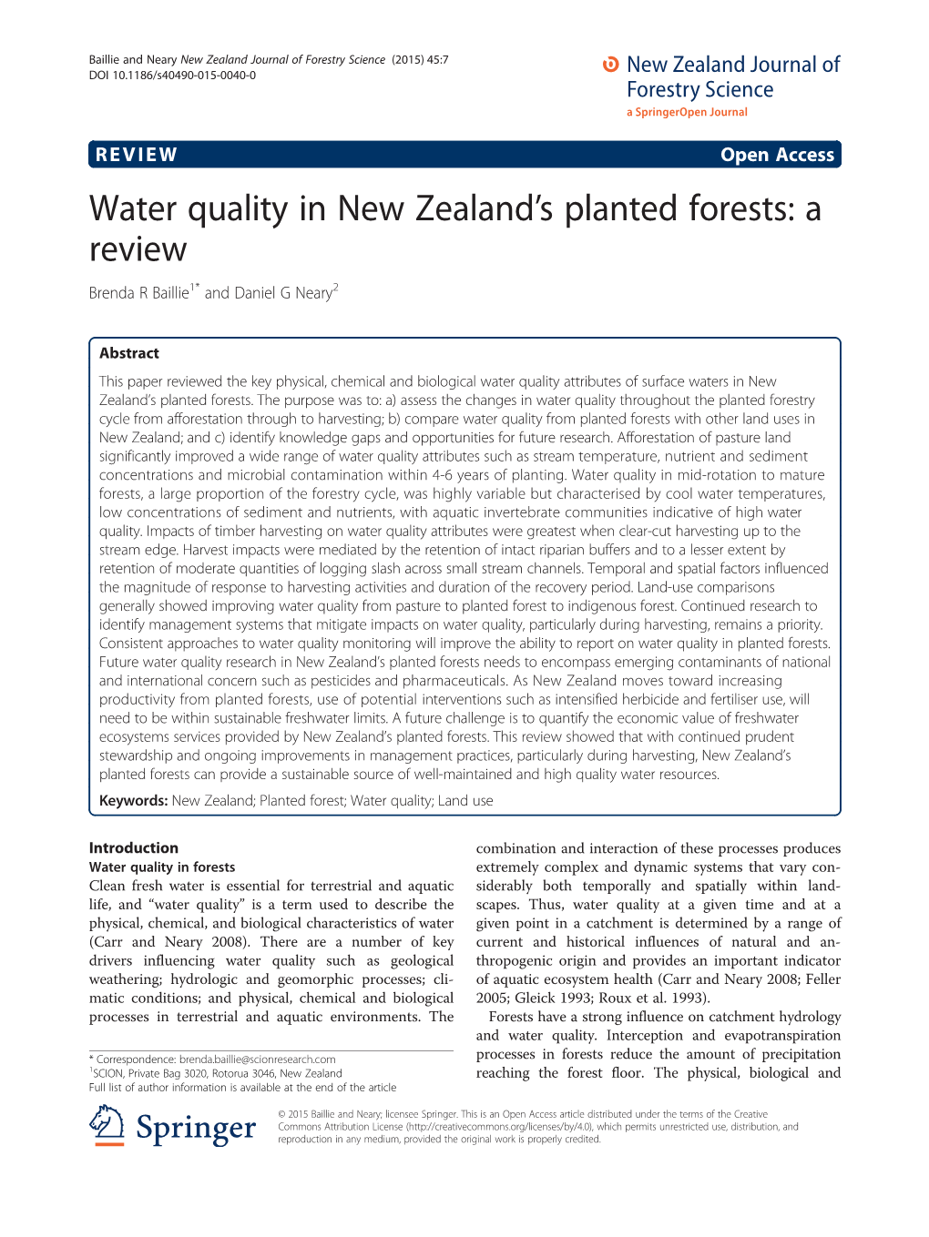 Water Quality in New Zealand's Planted Forests: a Review