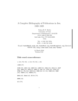 A Complete Bibliography of Publications in Isis, 1920–1929