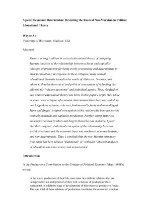Against Economic Determinism: Revisiting the Roots of Neo-Marxism in Critical Educational Theory