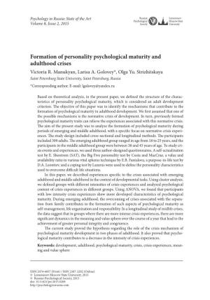 Formation of Personality Psychological Maturity and Adulthood Crises Victoria R