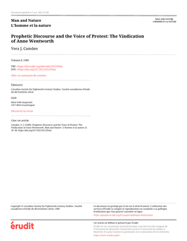 Prophetic Discourse and the Voice of Protest: the Vindication of Anne Wentworth Vera J