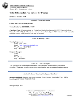 Syllabus for Fire Service Hydraulics