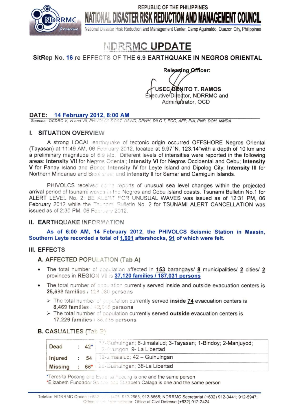 NDRRMC Update Sitrep 16 on Negros Earthquake