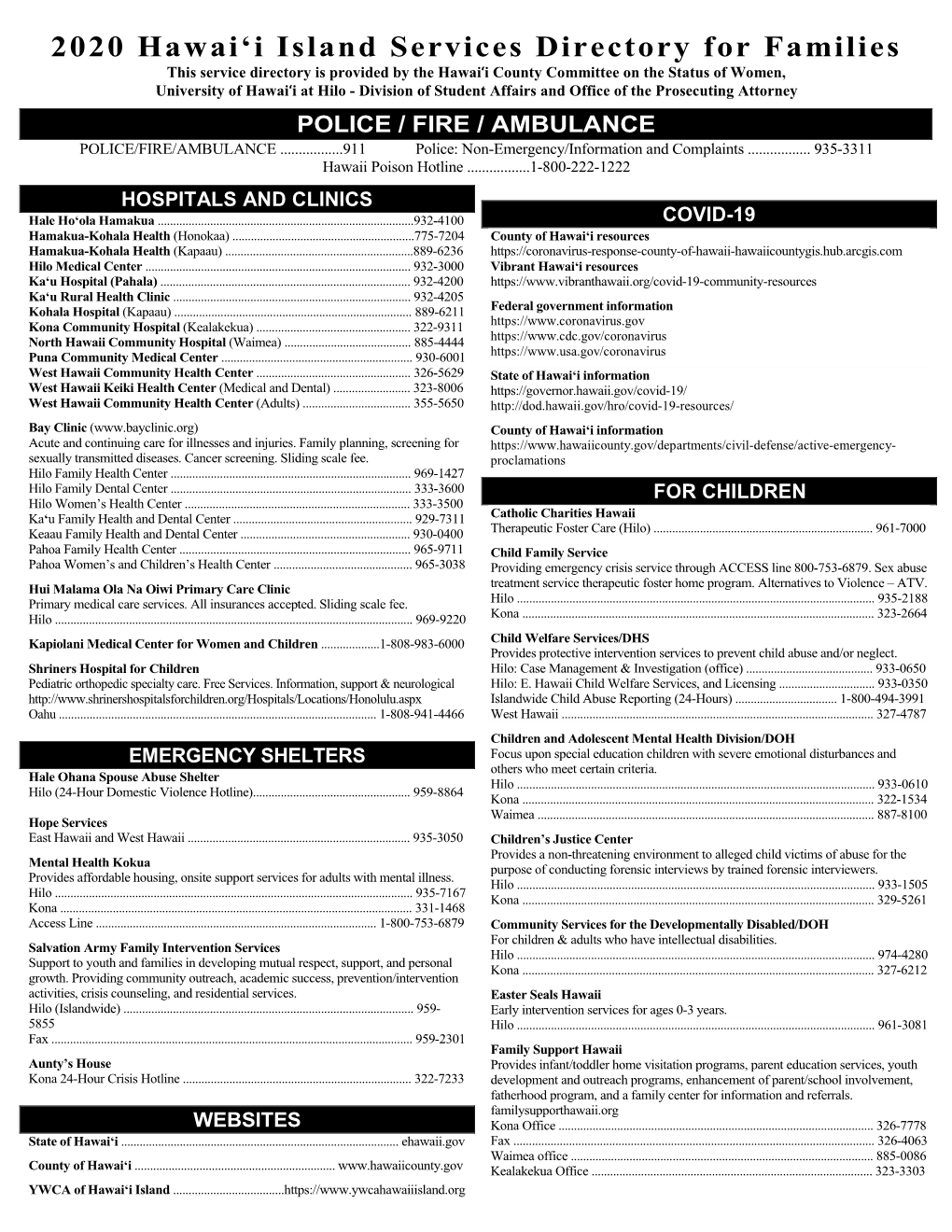 2020 Hawai'i Island Services Directory for Families