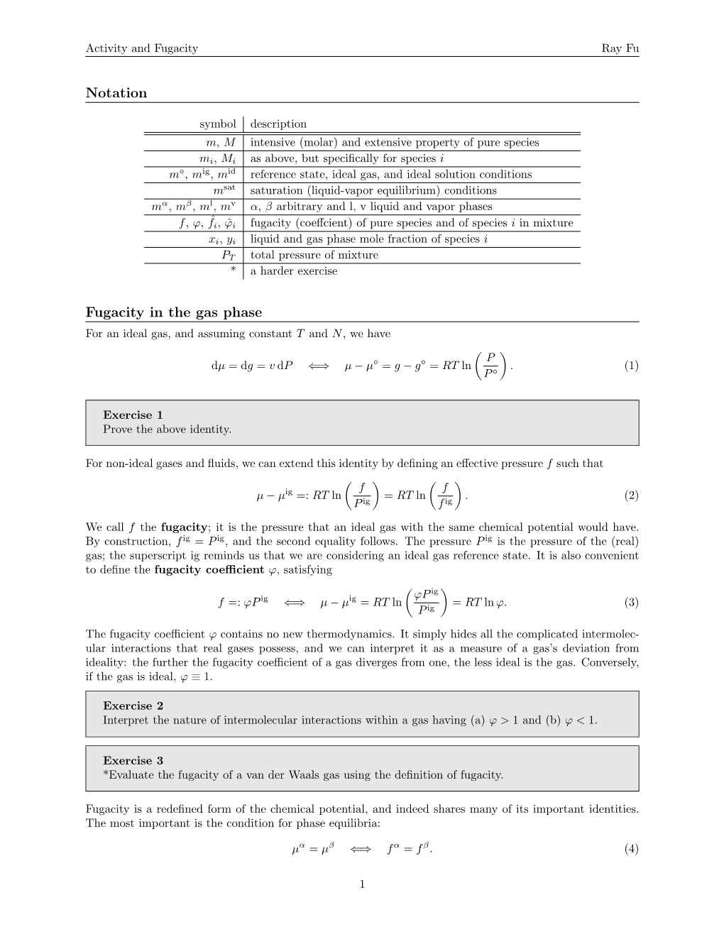 Activity and Fugacity Ray Fu