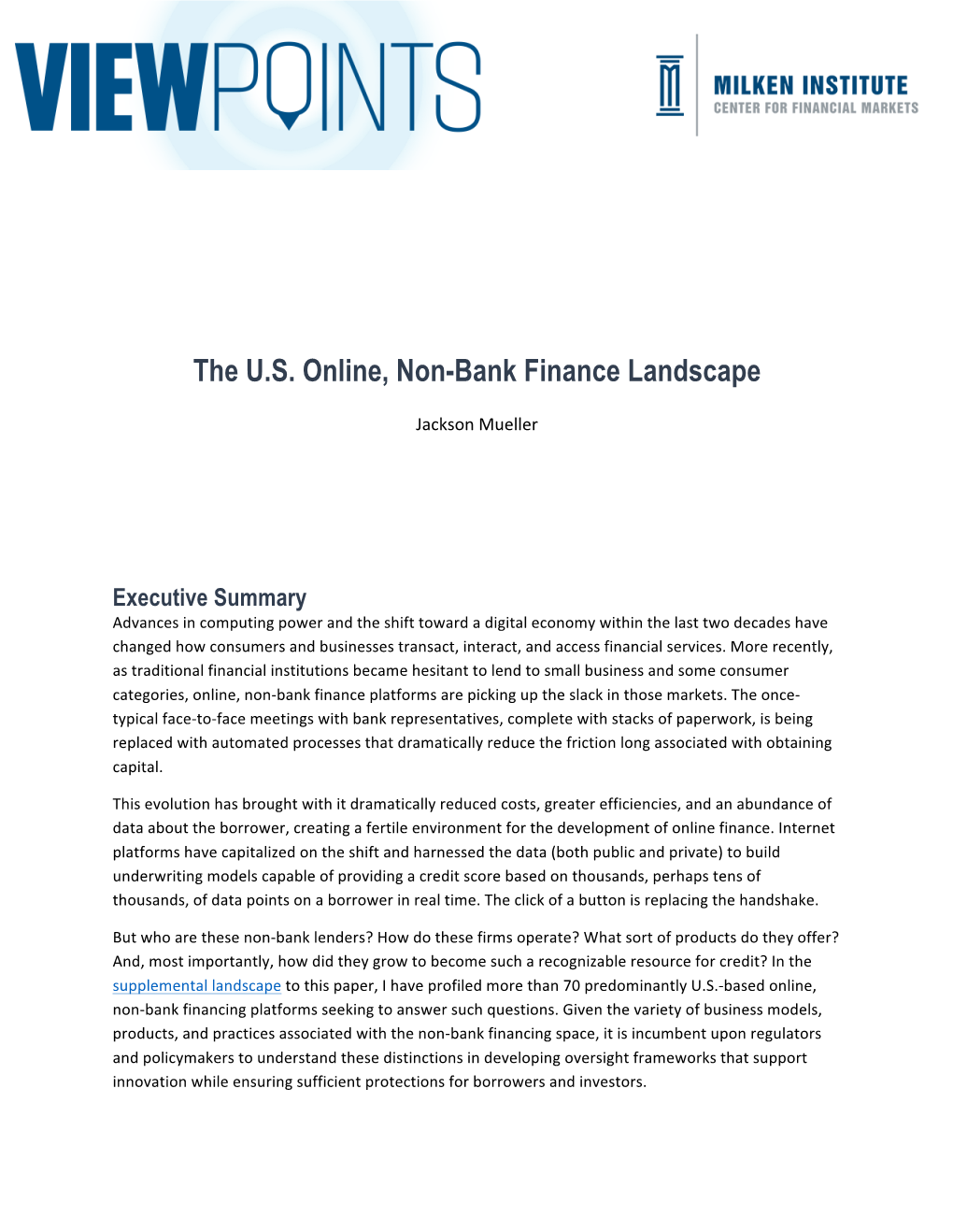 The U.S. Online, Non-Bank Finance Landscape