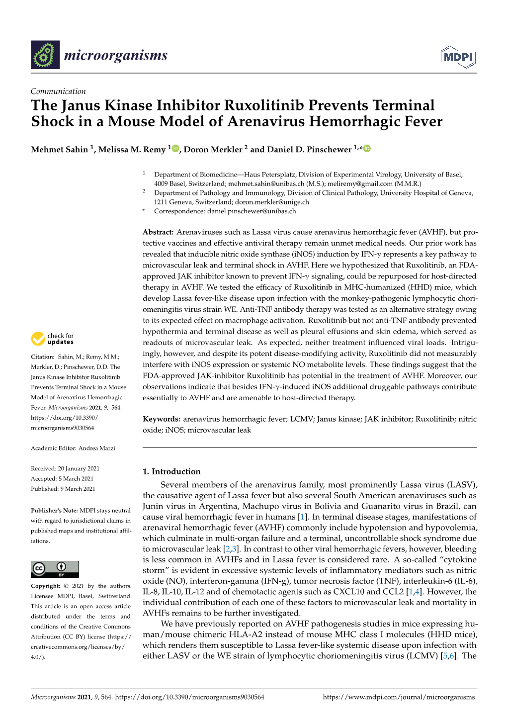 The Janus Kinase Inhibitor Ruxolitinib Prevents Terminal Shock in a Mouse Model of Arenavirus Hemorrhagic Fever