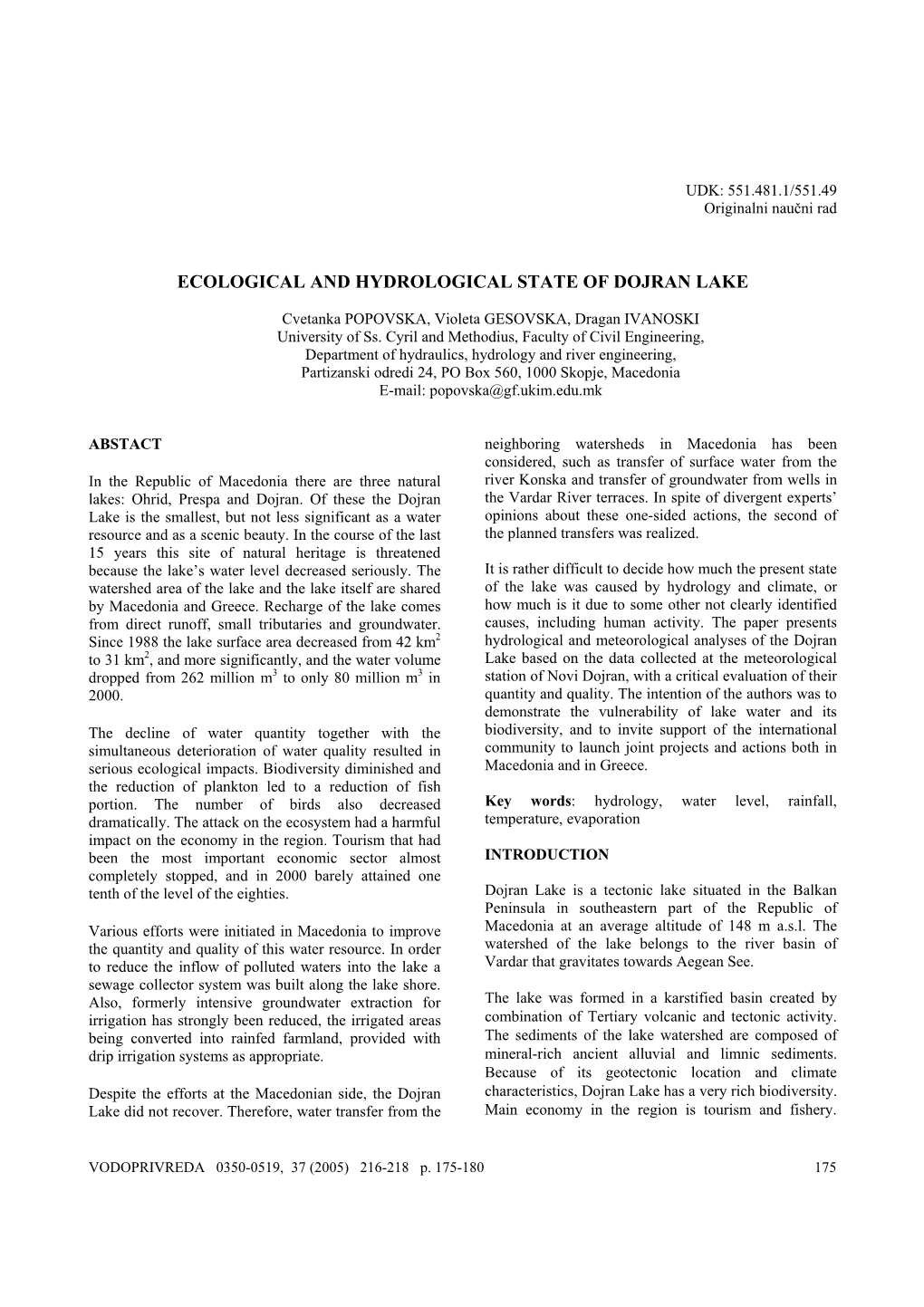 Ecological and Hydrological State of Dojran Lake