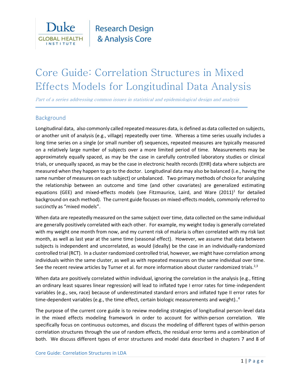 Core Guide: Correlation Structures in Mixed Effects Models for Longitudinal Data Analysis