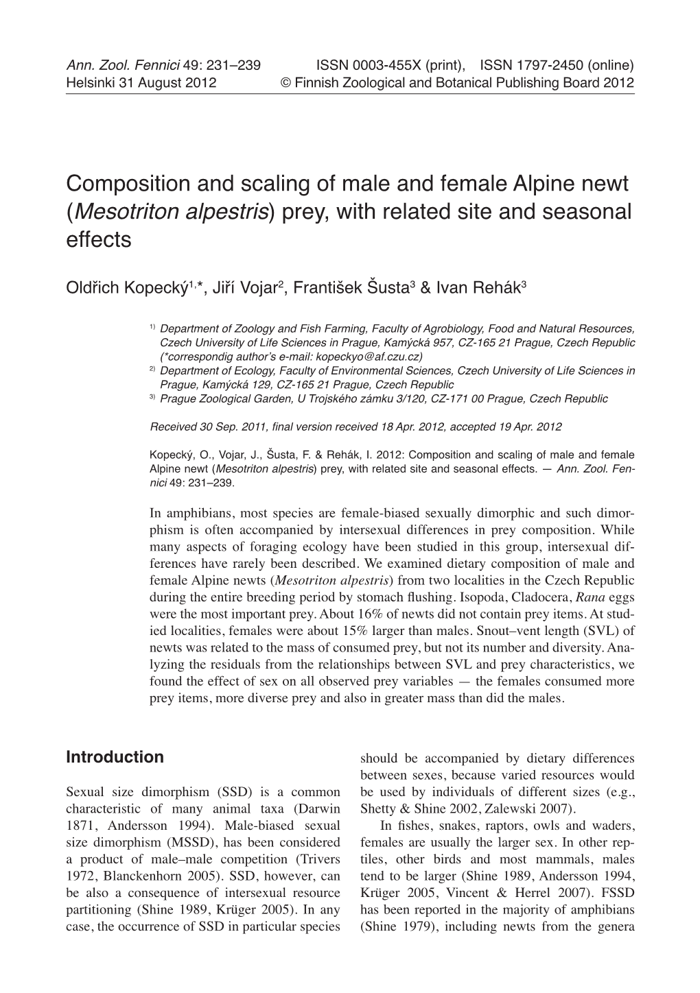 Composition and Scaling of Male and Female Alpine Newt (Mesotriton Alpestris) Prey, with Related Site and Seasonal Effects