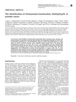 The Identification of Chromosomal Translocation, T(4;6)(Q22;Q15), in Prostate Cancer